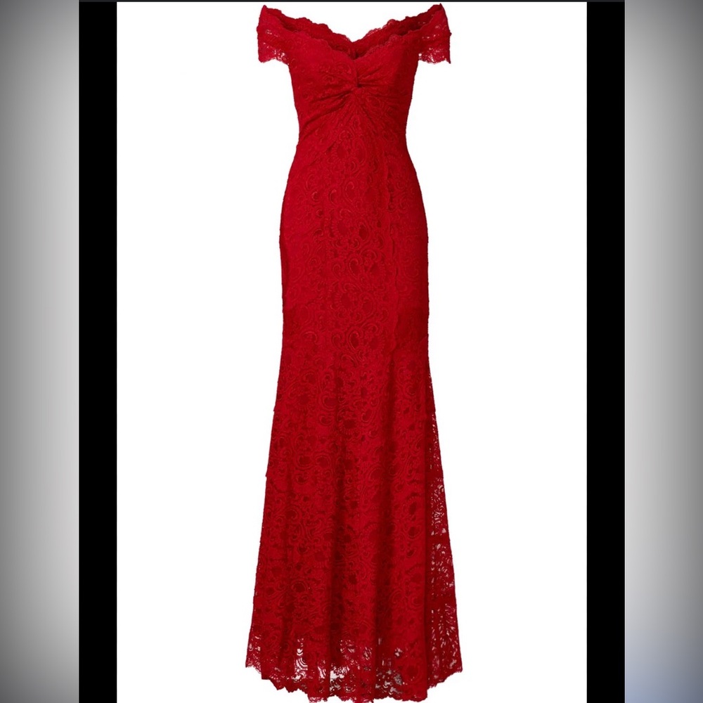 Nicole Miller Size 6 Tempted By You Lace Gown Maxi Dress Red Twist Front V Neck